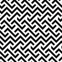 black and white seamless pattern, geometric, repeating pattern with a zigzag or angular maze-like appearance. 