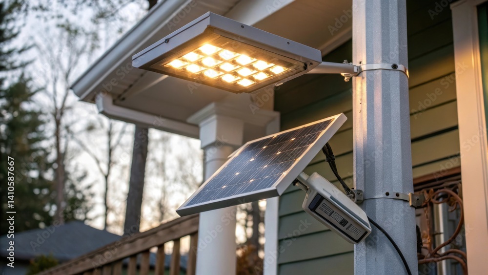 Poster a medium closeup of an led light fixture mounted on a pole emitting a warm glow with solarpowered ba