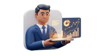 Cartoon businessman in suit holding tablet with financial charts and graphs on a blue background screen