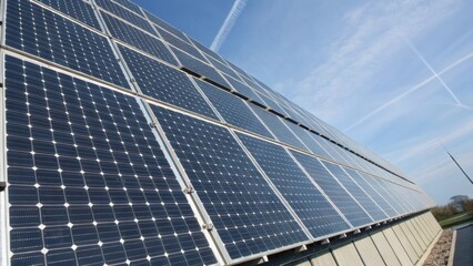 Obraz premium A medium closeup of an innovative solar panelintegrated facade that harnesses sunlight featuring a gridlike design while contributing to energy efficiency.