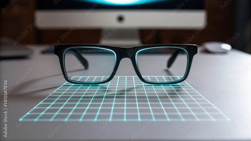Poster A medium closeup of a pair of smart glasses on a desk with a faint holographic grid projected in front indicating spatial measurements for an accurate setup.