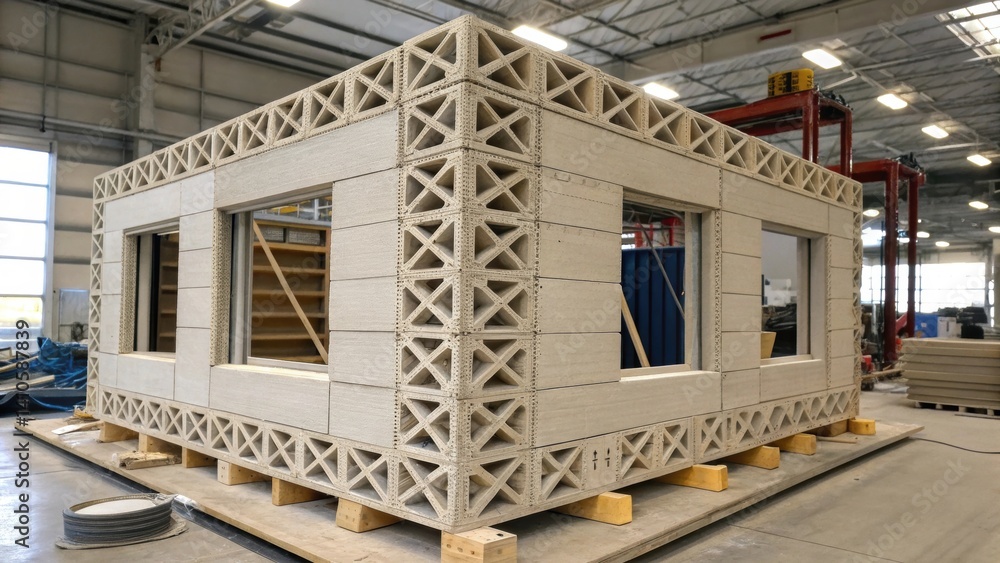 Aufkleber A medium closeup of a piece of architecture created with 4D printing technology where panel sections are captured in various stages of transformation emphasizing adaptive building