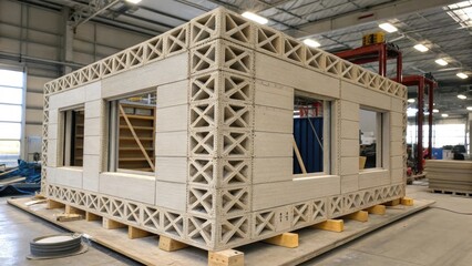 A medium closeup of a piece of architecture created with 4D printing technology where panel sections are captured in various stages of transformation emphasizing adaptive building