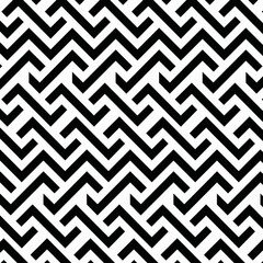 black and white seamless pattern, geometric, repeating pattern with a zigzag or angular maze-like appearance.