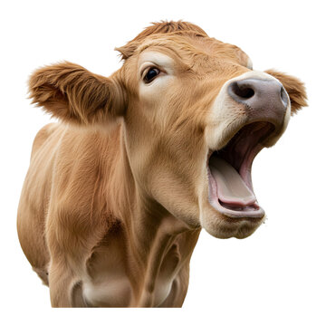 Brown cow with mouth open as if mooing or yelling