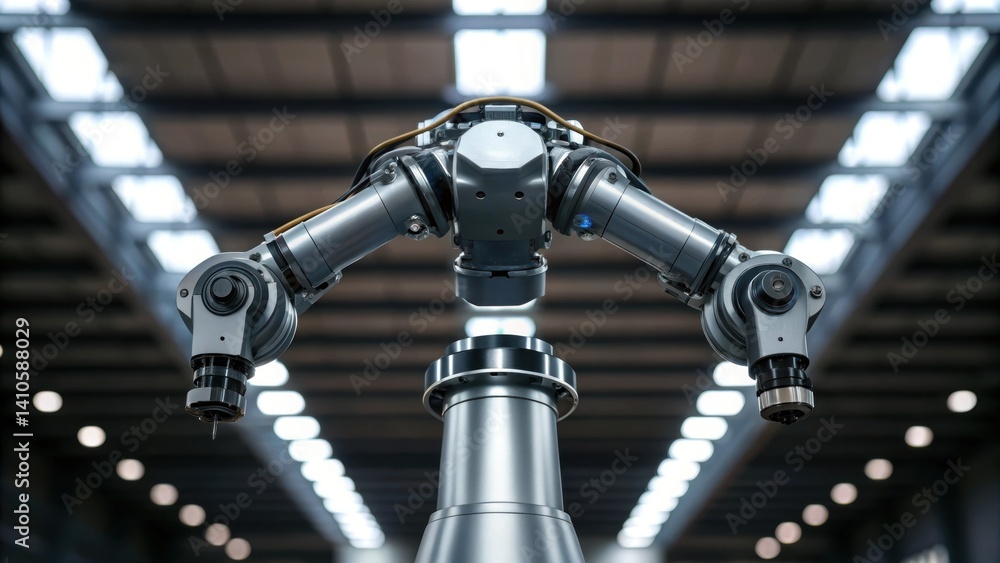 Poster A medium closeup of a robotic arm extending towards the ceiling with overhead lighting highlighting the sleek design and intricate mechanics of the joints and actuators.