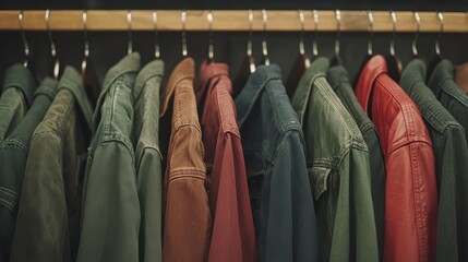 Colorful assortment of leather jackets hanging on rack