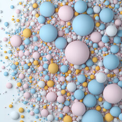 Delicate pastel spheres create a whimsical landscape of blush pink, soft blue, and sunshine yellow in serene harmony