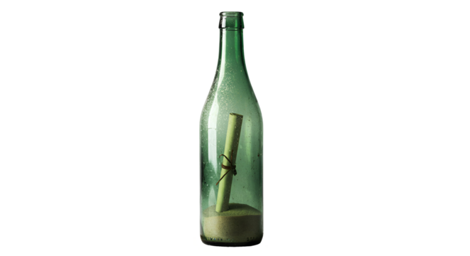 Vintage Glass Bottle with Message in Sand on Transparent Background