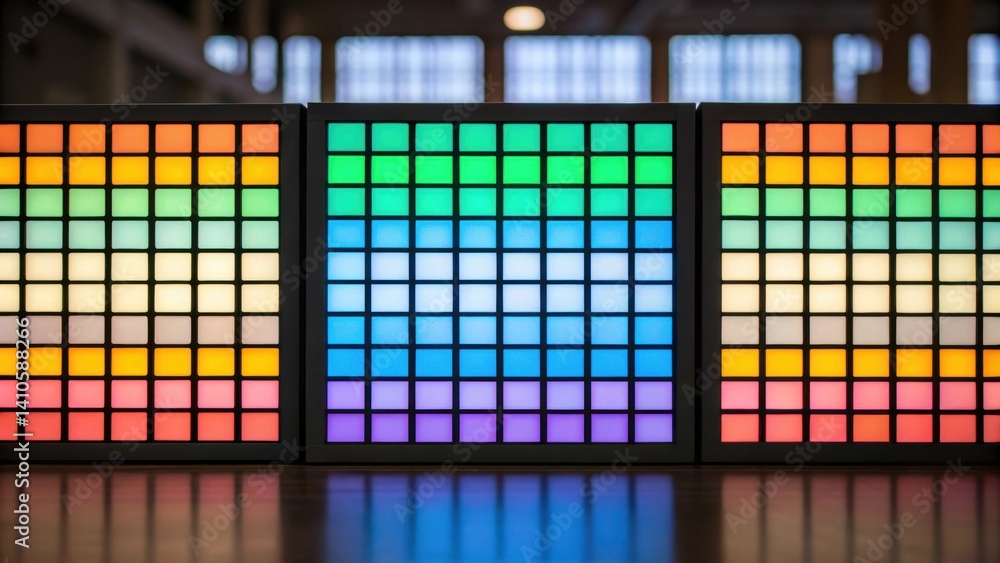 Aufkleber A medium closeup of a series of panels with a pixelated design where each square radiates unique colors creating a dynamic mosaic effect under varying light.