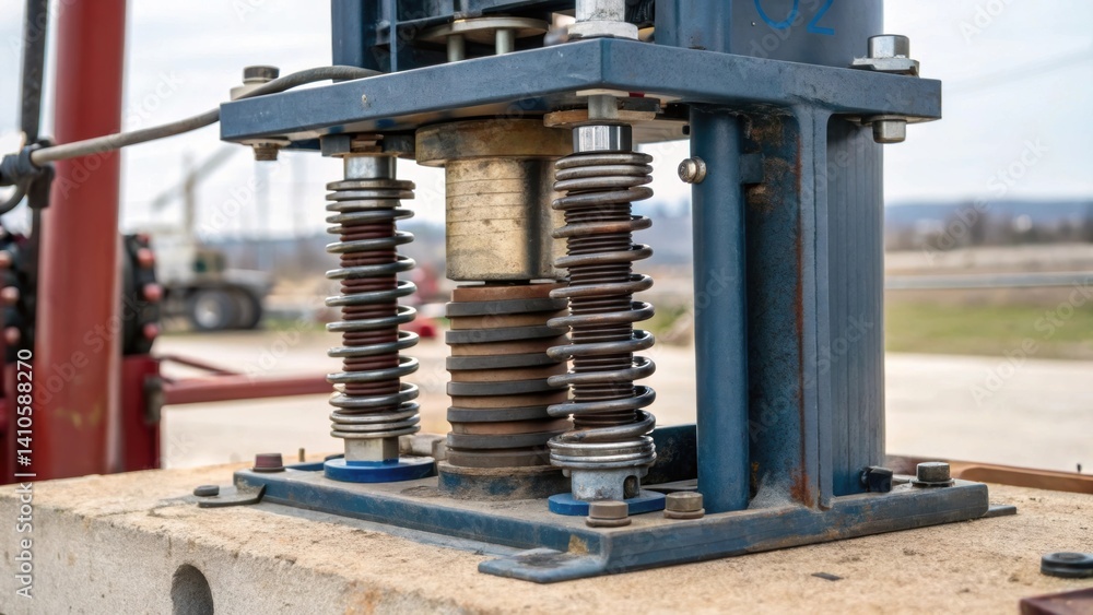 Aufkleber A medium closeup of a seismic dampening device illustrating its springs and hydraulic components that help control vibrations and reduce sway in tall structures.