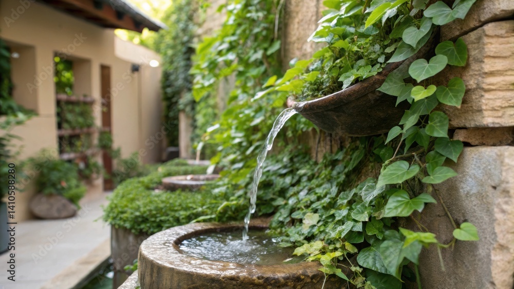 Poster a medium closeup of a small water feature integrated within a living wall where fresh greenery surro
