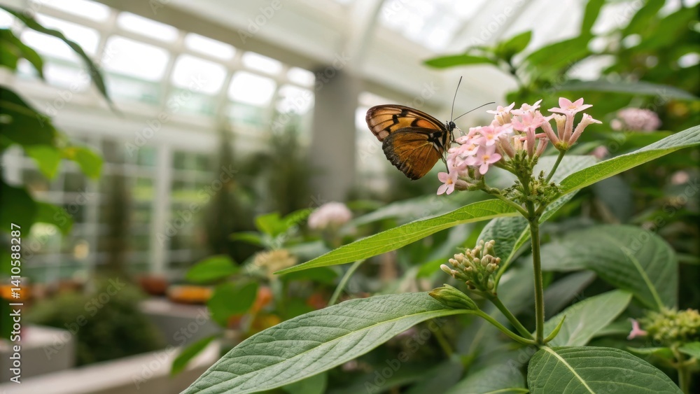 Poster a medium closeup of a small butterfly resting on a leaf of a delicate flowering plant in a biophilic