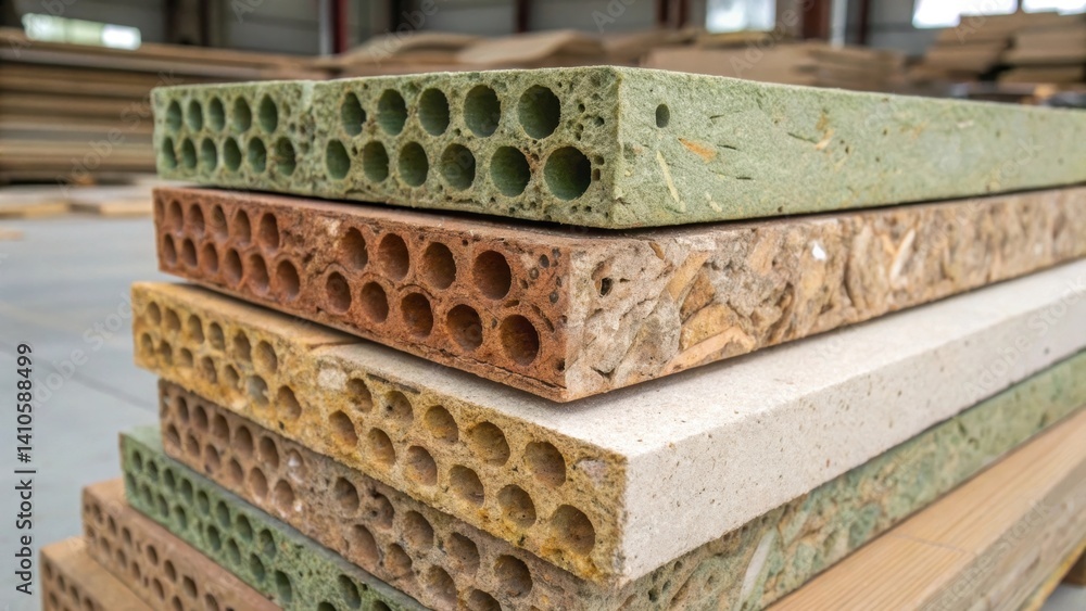 Aufkleber A medium closeup of a stack of biodegradable formwork pieces each layer displaying unique organic patterns and colors reflecting their natural origins.