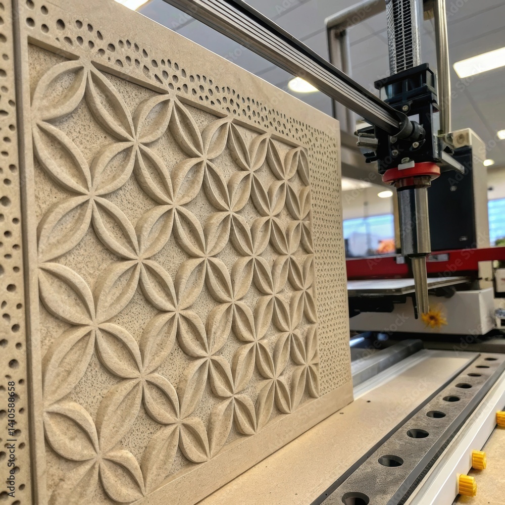 Poster A medium closeup of a textured facade being printed featuring unique patterns designed for aesthetic appeal and energy efficiency showcasing the versatility of 3D printed
