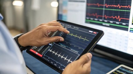 A medium closeup of a technicians hands manipulating waveforms on a tablet while a screen in the background displays realtime structural health monitoring data including stress and