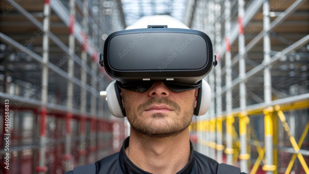 Aufkleber A medium closeup of a virtual reality headset being worn by a user fully immersed in a 4D construction simulation with digital scaffolding and equipment surrounding them in an