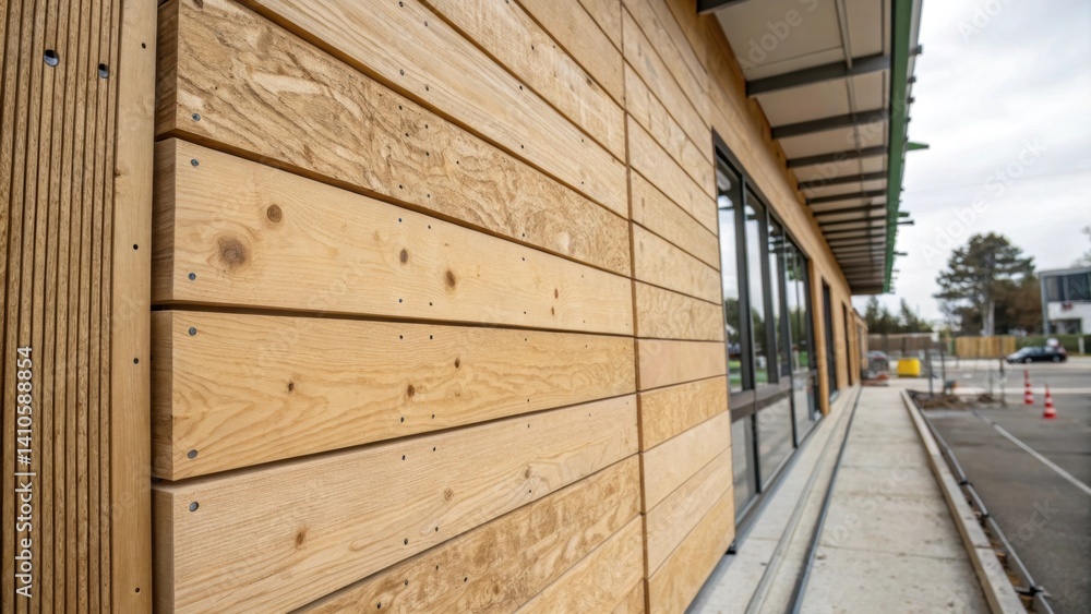 Poster a medium closeup of a wall panel constructed from engineered wood emphasizing its grain flexible con