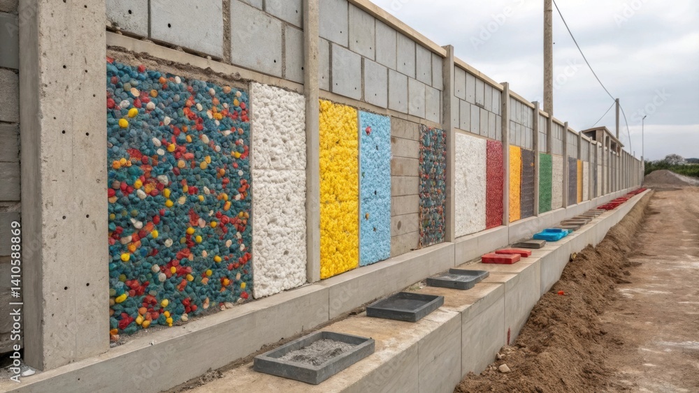 Poster A medium closeup of a wall being constructed with panels made from waste plastics embedded in concrete showcasing vibrant colors and distinct patterns.