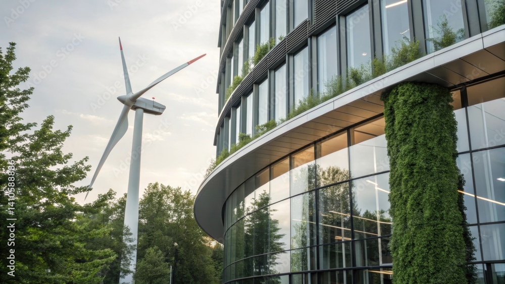 Leinwandbilder a medium closeup of a wind turbine embedded in the facade of an ecofriendly office building highligh