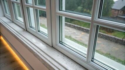 A medium closeup of a window with triple glazing technology capturing the aerogel layer within the panes that enhances thermal performance while blocking external noise and