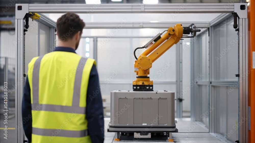Poster A medium closeup of a worker overseeing a robotic installation with the robotic arm actively positioning a prefabricated unit merging human oversight and technology.