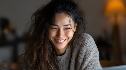 Happy woman using laptop