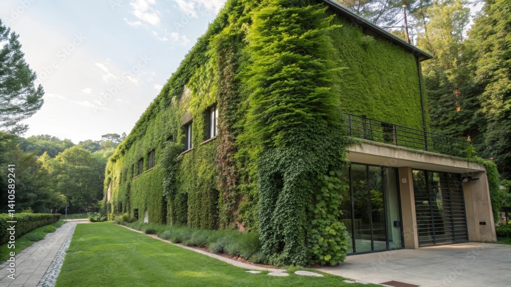 Poster A medium closeup of green walls enveloping the building displaying how vegetation contributes to natural insulation and lowers surrounding temperatures.