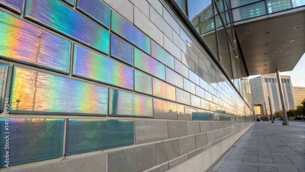 Poster A medium closeup of glass tiles embedded with sensors displaying an iridescent sheen as they change color based on ambient temperature enhancing the buildings aesthetic appeal.