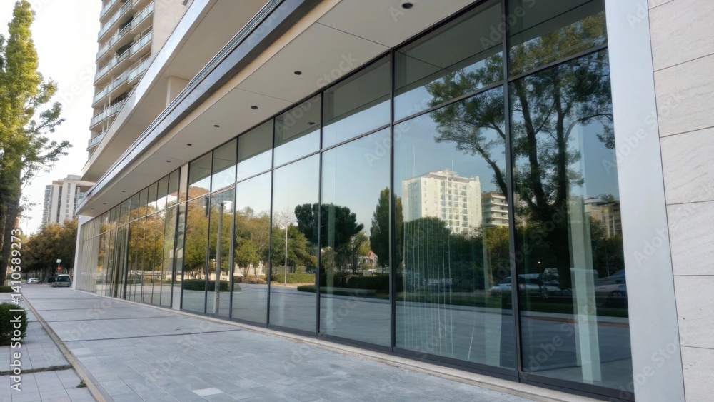 Aufkleber a medium closeup of heatreflective glass installed in a modern facade reflecting the surrounding env