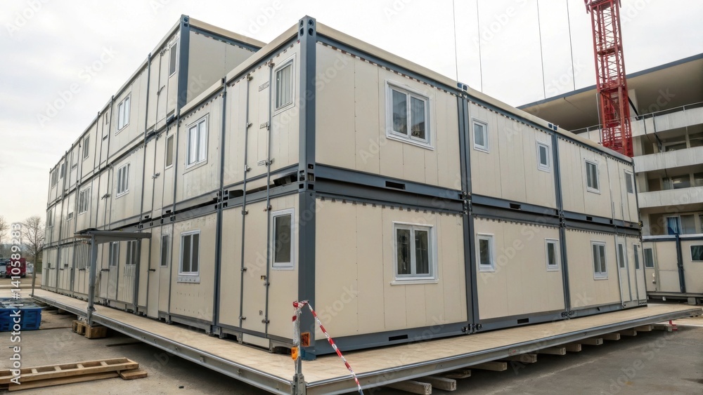 Aufkleber A medium closeup of modular building units stacked on a platform showing their flexible connections and interlocking features that allow for dynamic movement during tremors.