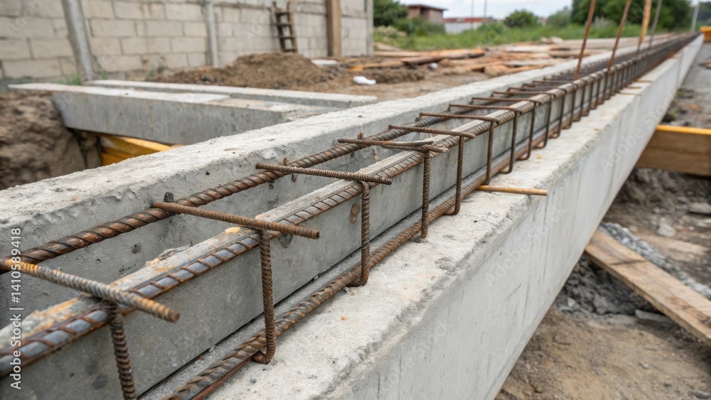 Aufkleber A medium closeup of reinforced concrete beams with visible steel rebar structures emphasizing the robust design intended to withstand lateral forces during seismic activity.