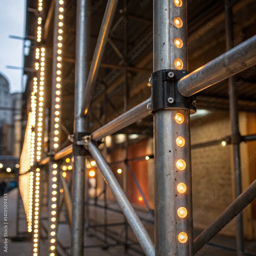 Aufkleber A medium closeup of scaffolding poles featuring builtin LED lights illuminating the surrounding area with a warm glow highlighting the structural details and rivets.