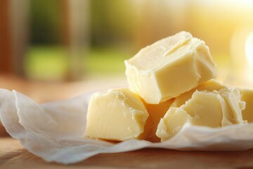 Shea butter nourishing body care Creamy butter pieces on a rustic surface with a soft background.