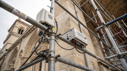 A medium closeup of scaffolding connections where smart technology is integrated revealing the blend of traditional architecture with modern electronic monitoring.