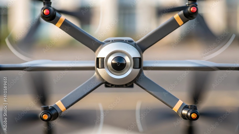Poster a medium closeup of the drones propellers in motion highlighting the aerodynamics of the design and 
