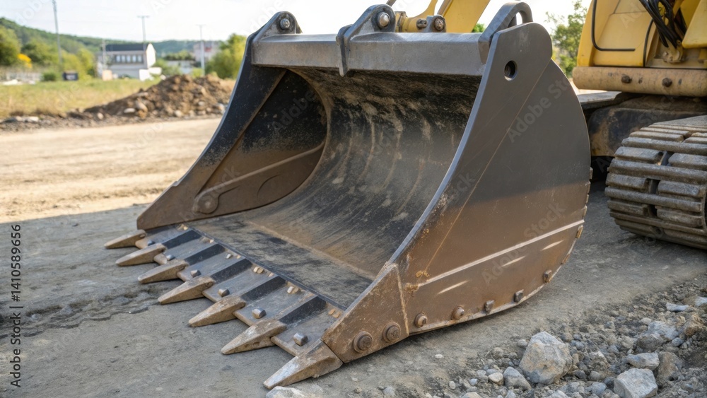 Poster A medium closeup of the excavation machines bucket displaying the sharp tailored edges designed for precise soil removal while minimizing disruption to surrounding areas.