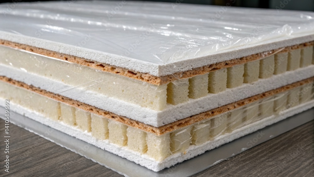 Poster a medium closeup of the crosssection of a prefabricated panel revealing layers of insulation materia