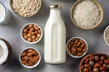 A glass bottle of plant-based milk against a gray marble background, surrounded by ingredients such...