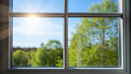 A medium closeup of sunlight streaming through a transparent aluminum window illustrating the blend of transparency and strength with a vivid outdoor backdrop.