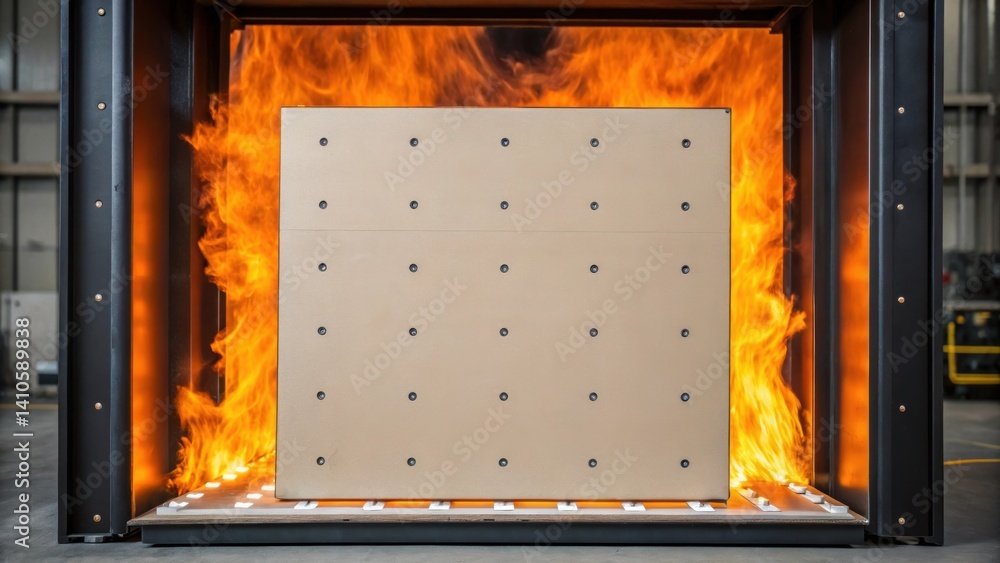 Poster A medium closeup of the panel being exposed to simulated fire conditions capturing the resistance of the material and highlighting the effectiveness of its protective technology.