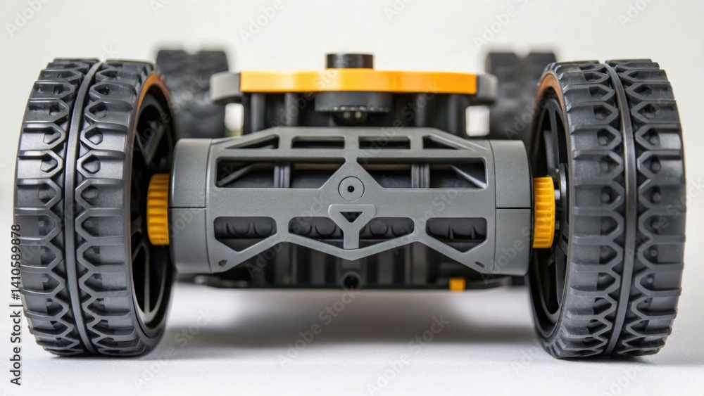 Poster A medium closeup of the robots underside revealing its intricate wheel mechanisms designed for optimal grip and maneuverability on sloped surfaces.