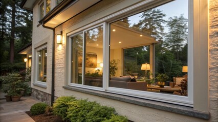 A medium closeup of the smart window in a home setting capturing reflections of lush greenery outside and the warm interior light emphasizing its integration with the environment.