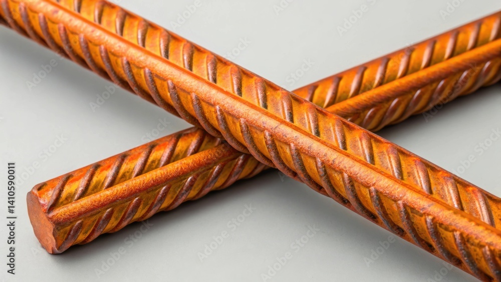 Poster A medium closeup of two overlapping pieces of rebar displaying a vibrant coating designed for enhanced durability and corrosion resistance with intricate patterns visible in the