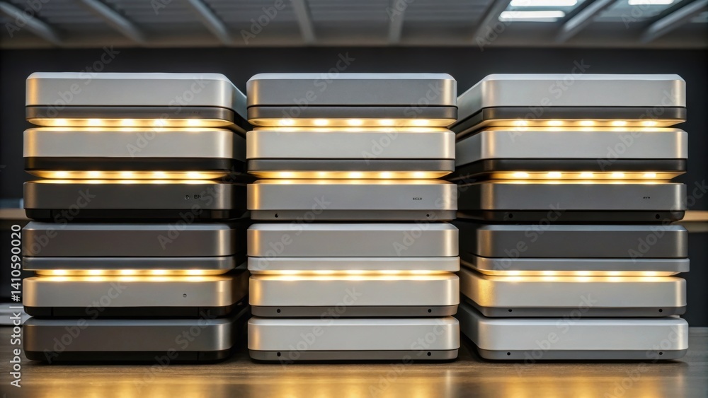 Leinwandbilder A medium closeup of various prefabricated components stacked together with integrated lighting casting an ambient glow illustrating the modularity and design efficiency.