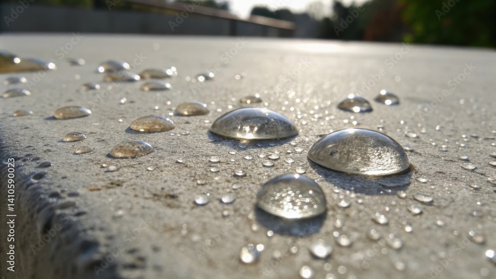Poster a medium closeup of water droplets on a sealed selfhealing concrete surface reflecting light and dem