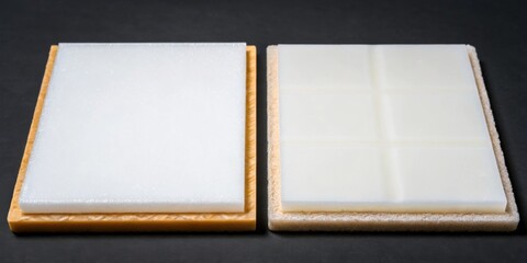 Fototapeta premium A medium closeup of two aerogel panels side by side with one in half to reveal the inner composition emphasizing the contrast between the structural integrity and its airy