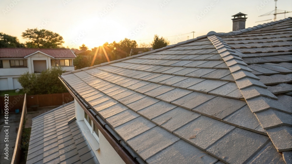 Poster a medium closeup shot of a sunlit rooftop featuring interlocking heatreflective shingles capturing t