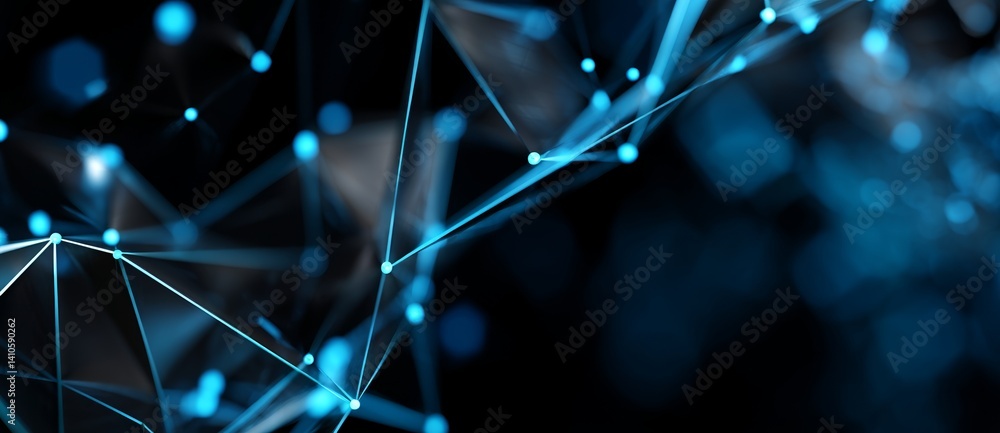 Poster the illustration depicts an abstract wave comprised of moving dots and lines, showcasing a flow of p