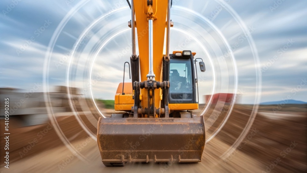 Poster a medium closeup shot of heavy machinery featuring an excavators rotating arm captured midmotion wit